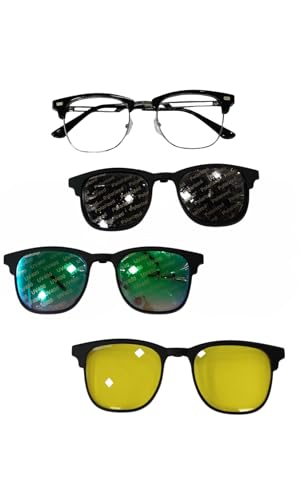 Unisex Clubmaster Glasses with Interchangeable Lenses, Black Frame, 3 Lens Options - Clear, Polarized, UV400, night vision
