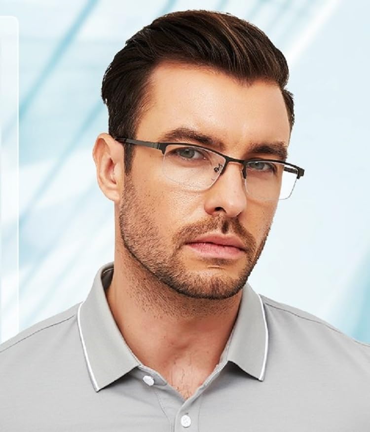 SAVY Metallic Half Rim Medium Frame Reading Eye Glasses Light Weight with Eye Protection and No Eye Strain for Men Women with Hard Case and Cleaning Cloth (Black, 2.5, Diopters)