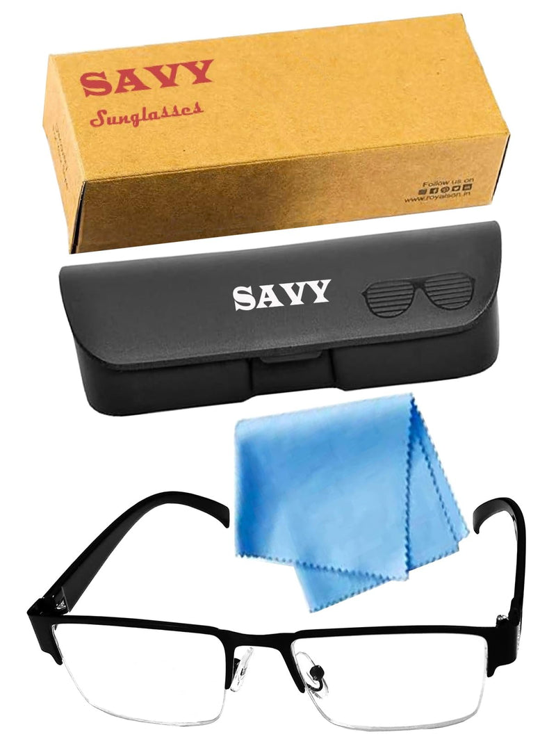 SAVY Metallic Half Rim Medium Frame Reading Eye Glasses Light Weight with Eye Protection and No Eye Strain for Men Women with Hard Case and Cleaning Cloth (Black, 2.5, Diopters)