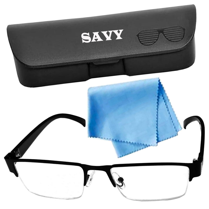 SAVY Metallic Half Rim Medium Frame Reading Eye Glasses Light Weight with Eye Protection and No Eye Strain for Men Women with Hard Case and Cleaning Cloth (Black, 2.5, Diopters)